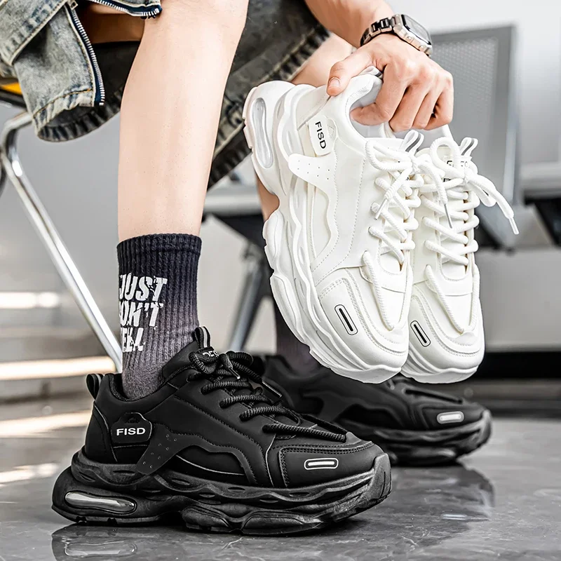 أحذية رياضية بيضاء جديدة للرجال قابلة للتنفس - نعل سميك مبطن بالهواء، نعل ناعم، أحذية كاجوال للأب #2