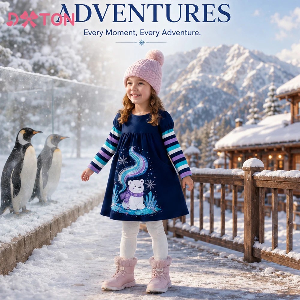 DXTON New Girls Striped Dress Winter Cartoon Polar Bear Print Fake Two‑Piece Cotton Dress Kids Casual Party Dresses With Pockets
