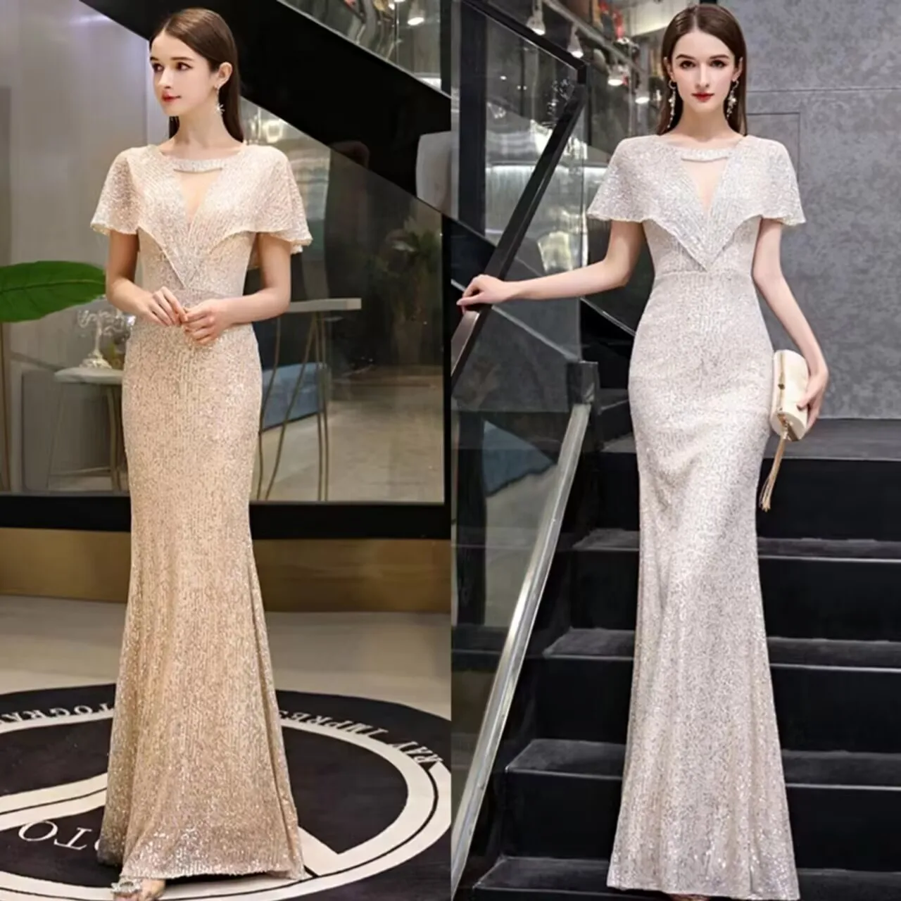 2023 New Fi Tail Evening Gown Women's Par Host High End Sensation Light Luxury Small ence Champagne Color Dr