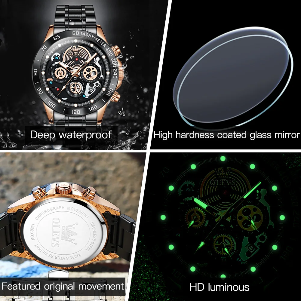 OLEVS-reloj deportivo de acero inoxidable para hombre, cronógrafo de pulsera de cuarzo, resistente al agua, diseño de esqueleto, marca superior, de