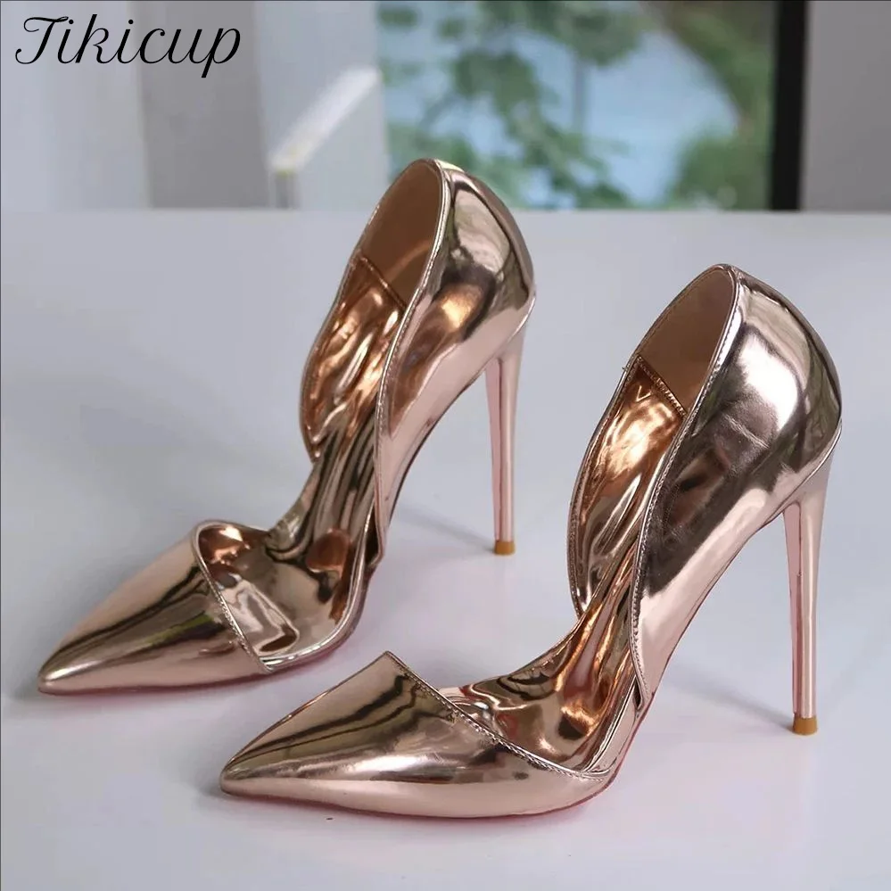

Элегантные женские туфли-лодочки розового золота с металлическим острым носком на высоком каблуке-шпильке, сексуальные удобные туфли-лодочки с вырезом по бокам для свадебной вечеринки