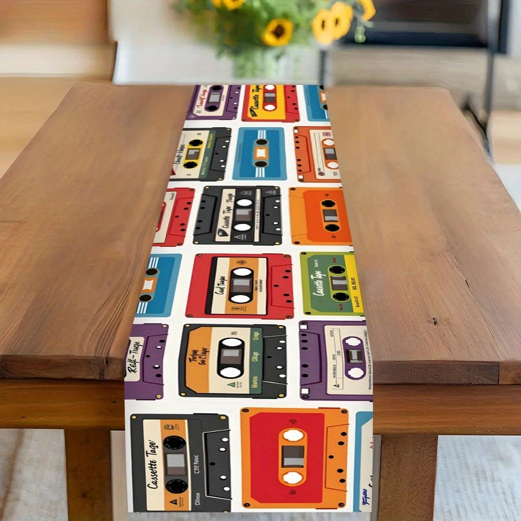 1-Piece Retro Cassette Print Table Runner, Washable, Rectangular Table Runner for Party & Daily Dining Table Atmosphere Decor