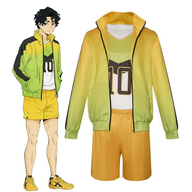 

Anime Sakusa Kiyoomi Cosplay Costume Itachiyama High School Volleyball Team Uniform Men Green Yellow Jacket Tracksuit Sportswear