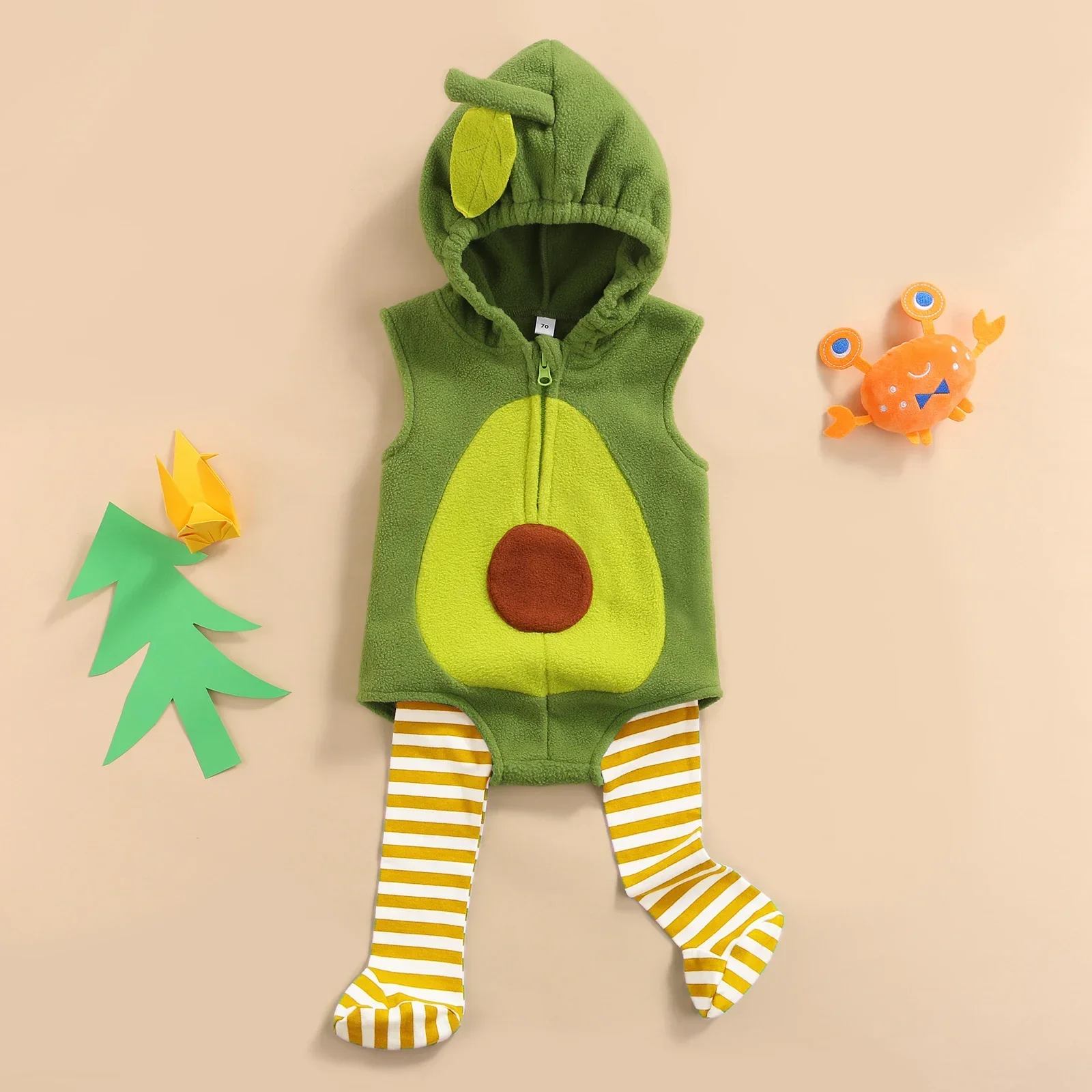 0-24 Months Baby Girls Boys 2pcs Halloween Romper Clothes Avocado Sleeveless Zipper Hooded Jumpsuits+Striped Stockings Outfits