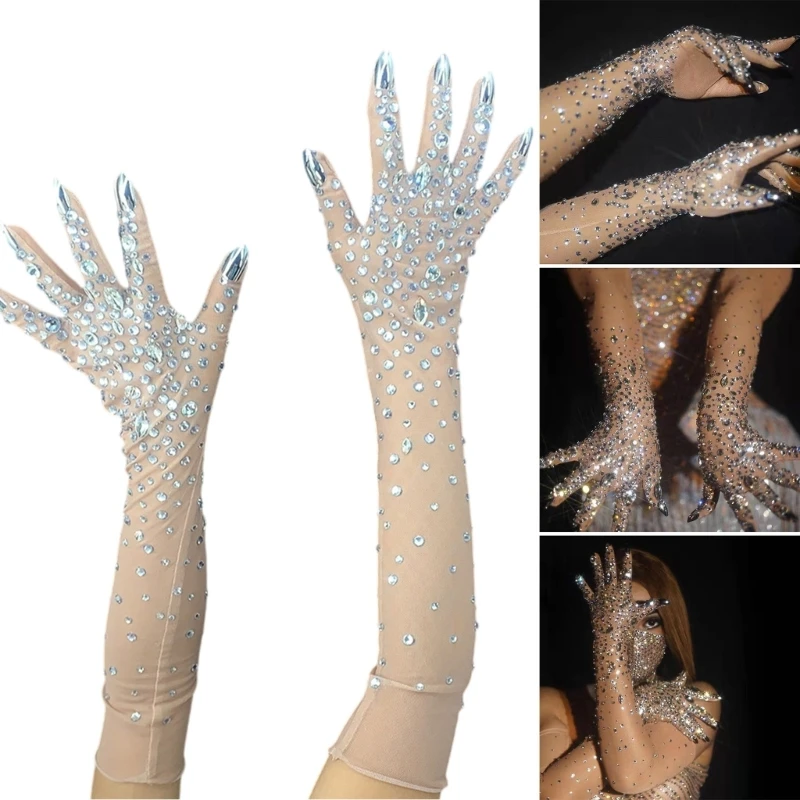1-ペアの豪華なラインストーンメッシュ手袋結婚式用ミトンロング女性用ミトン、ダンサーや歌手用
