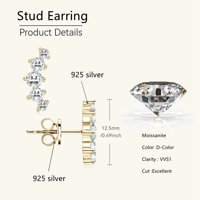 Lnngy Exquisite Round Cut 5 Stone Moissanite Climber Earrings 925 Sterling Silver Stud Earring For Women Fashion Girls Jewelry