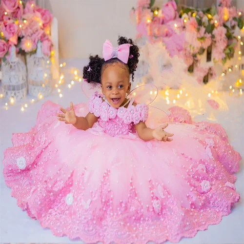 Imagen 2 del producto Vestidos de niña de flores rosas, vestido de baile de encaje con perlas grandes de lujo, vestido de primera comunión, fotos de cumpleaños, vestidos para sesión de fotos para fiesta