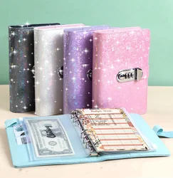 A6 Laser Coded lock PU Clip-on Notebook Leather Loose Leaf Notebook Cover Notebooks Journal Kawaii Stationery