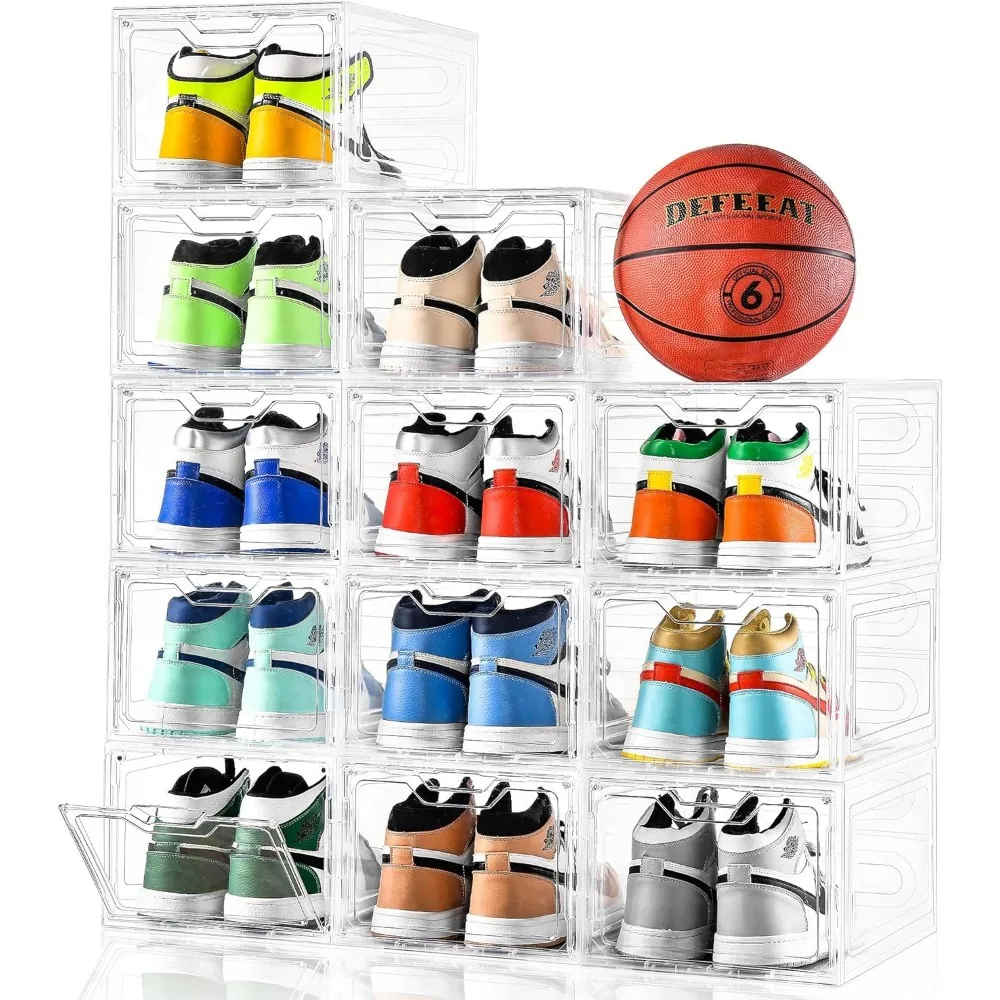 12 Pack Thicken Sturdy Clear Shoe Storage Organizer with Magnetic Door, Shoes Boxes Clear Plastic Stackable for Closet,Shoe Rack