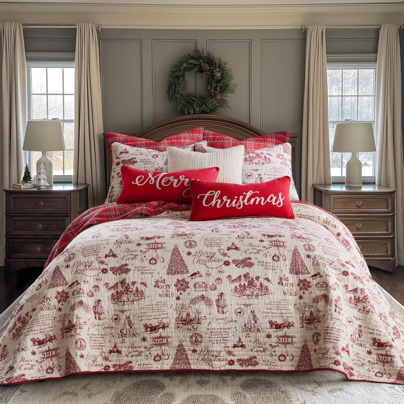 

White and red Christmas bedding set large, decorative duvet cover, 3 soft microfiber zippered duvet covers pillowcases