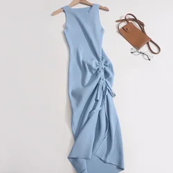 Sexy Drawstring Split Sleeveless Dress for Women's Summer Dress 2023 New Elastic High Waist Slim Fit Slim Wrap Hip Maxi Dress