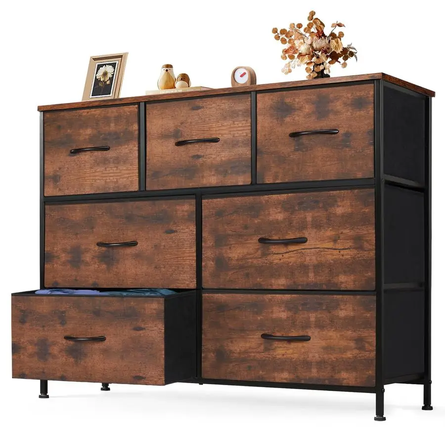 Fabric Storage Tower Dresser with 7 Drawers TV Stand Organizer Sturdy Steel Frame Wood Top for Closet Bedroom Hallway,Brown