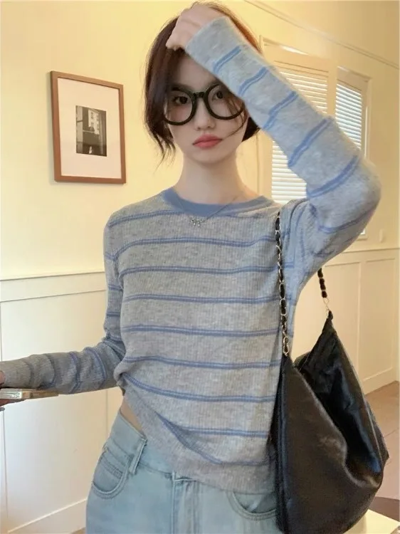 

Цвет Blo Long Sve круглый полосатый трикотаж женский осенне-зимний утягивающий дизайн топ модный прямой свитер без рукавов