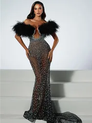 Women Celebrity Sexy Off Shoulder Feather Beading Sequins Maxi Long Gowns Dress 2024 Elegant Evening Party Club Dress Vestido