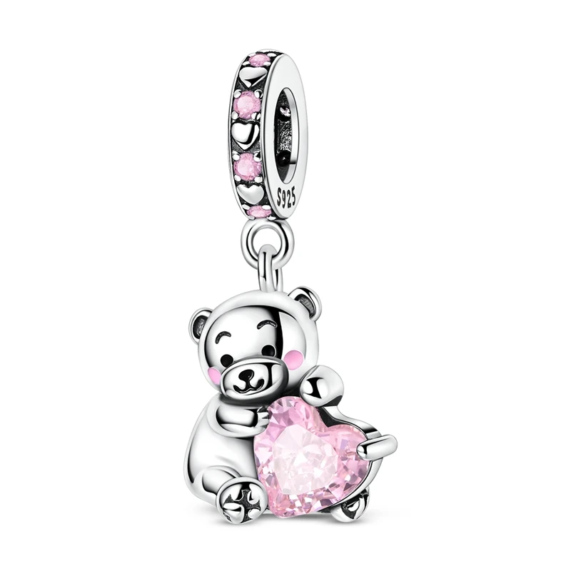 Charms aus 925er-Sterlingsilber, Perle mit CZ-Zirkon, ein kleiner Bär mit Herz, baumelnd, passend für Original-Armbänder, DIY-Frauenschmuck
