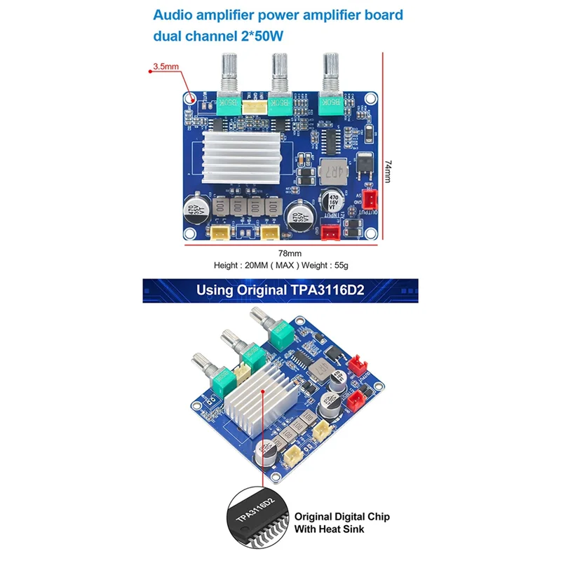 FFYY-Class D TPA3116 Papan Amplifier Audio Dua Saluran 2X50w Modul Audio Ketelitian Tinggi Daya Tinggi DC12-15V