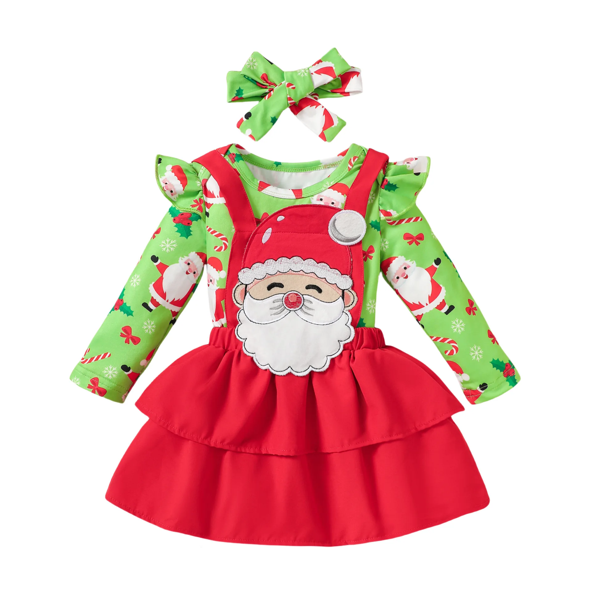

MINISO Christmas Outfit Girl 3-Piece Set Print Romper Cartoon Embroidery Strap Dress Headband Kawaii Warm 1-3 Years Bodysuits