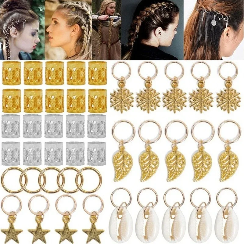 

80Pcs/Set Mix Style Star Leaves Pendant Charms Hair Braid Dreadlock Beads Clips Cuffs Rings Jewelry Clasps Accessories Styling