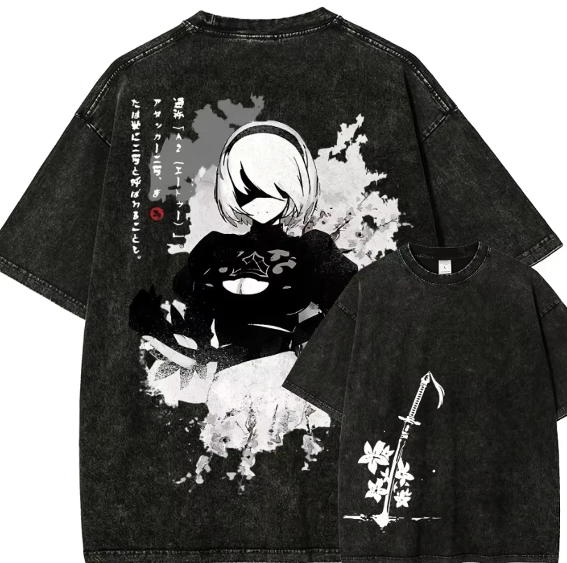Vintage Washed NieR Automata T Shirt 2B YoRHa Double Sided Graphic Cotton Crew Neck Short Sleeve Unisex Oversized Streetwear Tee