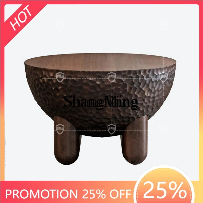 

SM household retro solid wood round coffee table art hand-carved bed and breakfast storage coffee table