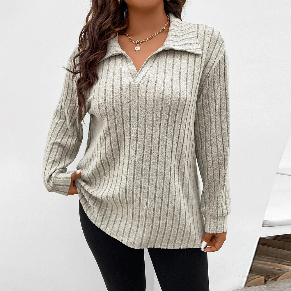 Women\'s Autumn Winter Solid V-Neck Ribbed Blouse Tunic Tops Ladies Casual Loose Pullover Clothing Plus Size