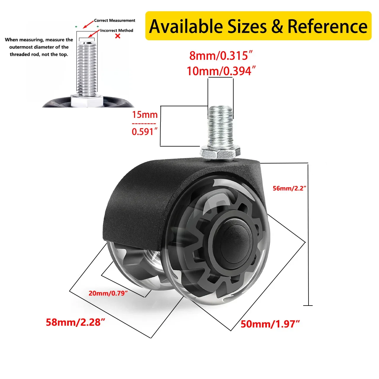 4pcs-2 Inch Dual Bearing Silent Caster Wheels M8 M10 X 15mm Threaded Stem 360° Swivel PU Wheels for Furniture Office Chair Cart