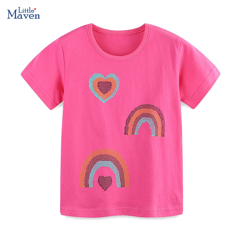 Little maven Children's Clothing Kids Clothes Baby Girls 2025 Summer New T Shirts Cartoon Rainbow Hearts Shirts 2-7 Years Old