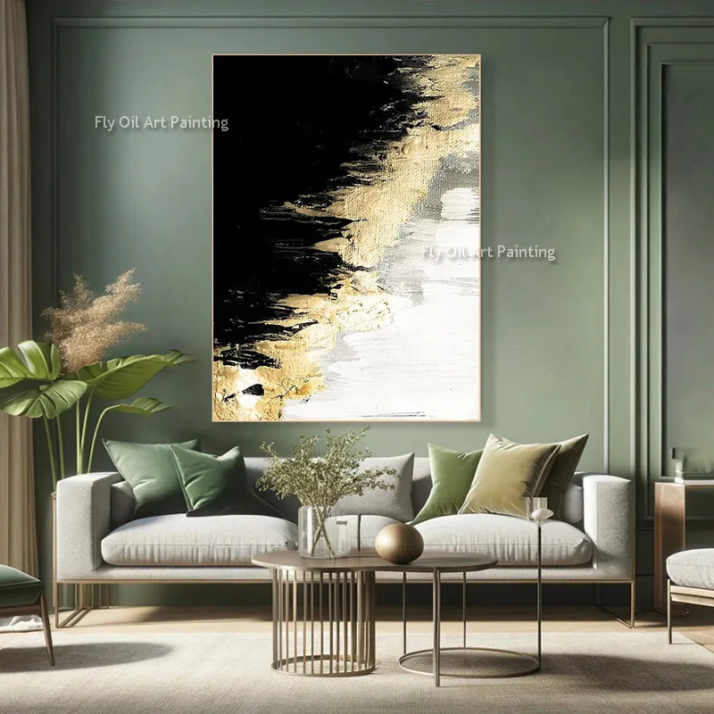 Black White Golden Wave Hand Painted Canvas, Plaster Abstract Art, Minimal Vertical Wall Decoration for Living Room
