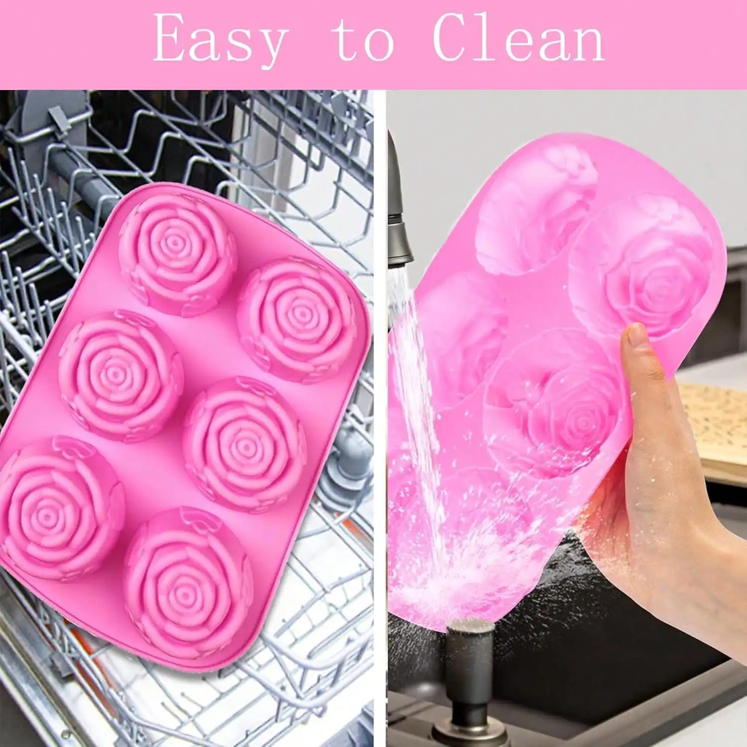 BAKER DEPOT Silicone Mold for Handmade Soap Cake Jelly Pudding Chocolate bakery 6 Cavity Rose Flower Design,Set of 2 Pink view 5
