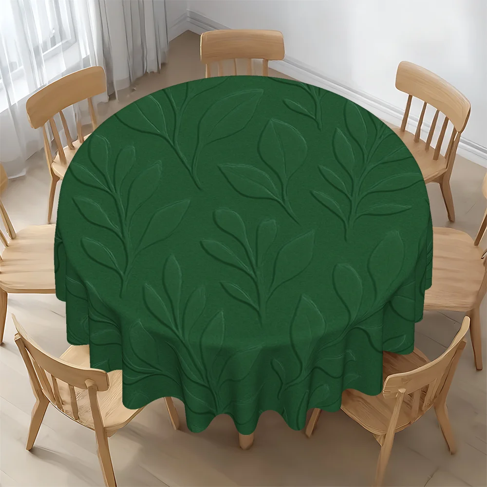 Round tablecloth, tabletop cover, nature-themed leaf pattern green design, suitable for Christmas, New Year, Valentine's Day