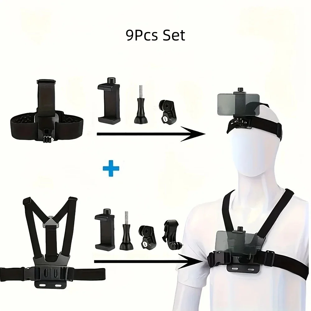 9PCS Chest/Head Strap Set Mobile Phone Holder Harness First View Shooting Bracket for Outdoor Cycling Hiking POV Video Vlog