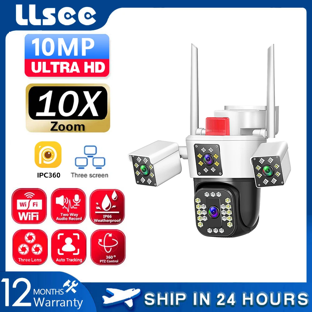 LLSEE 8K 12MP WiFi surveillance camera 4 lenses 10x zoom CCTV outdoor WiFi camera IP camera PTZ security protection