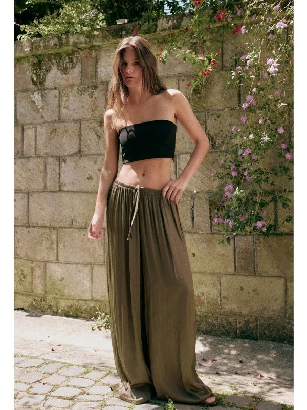 Summer Casual Wide Leg Pants Adjustable Drawstring Drapey Women's Loose Fit Trousers Comfortable Natural Waist Polyester Fiber