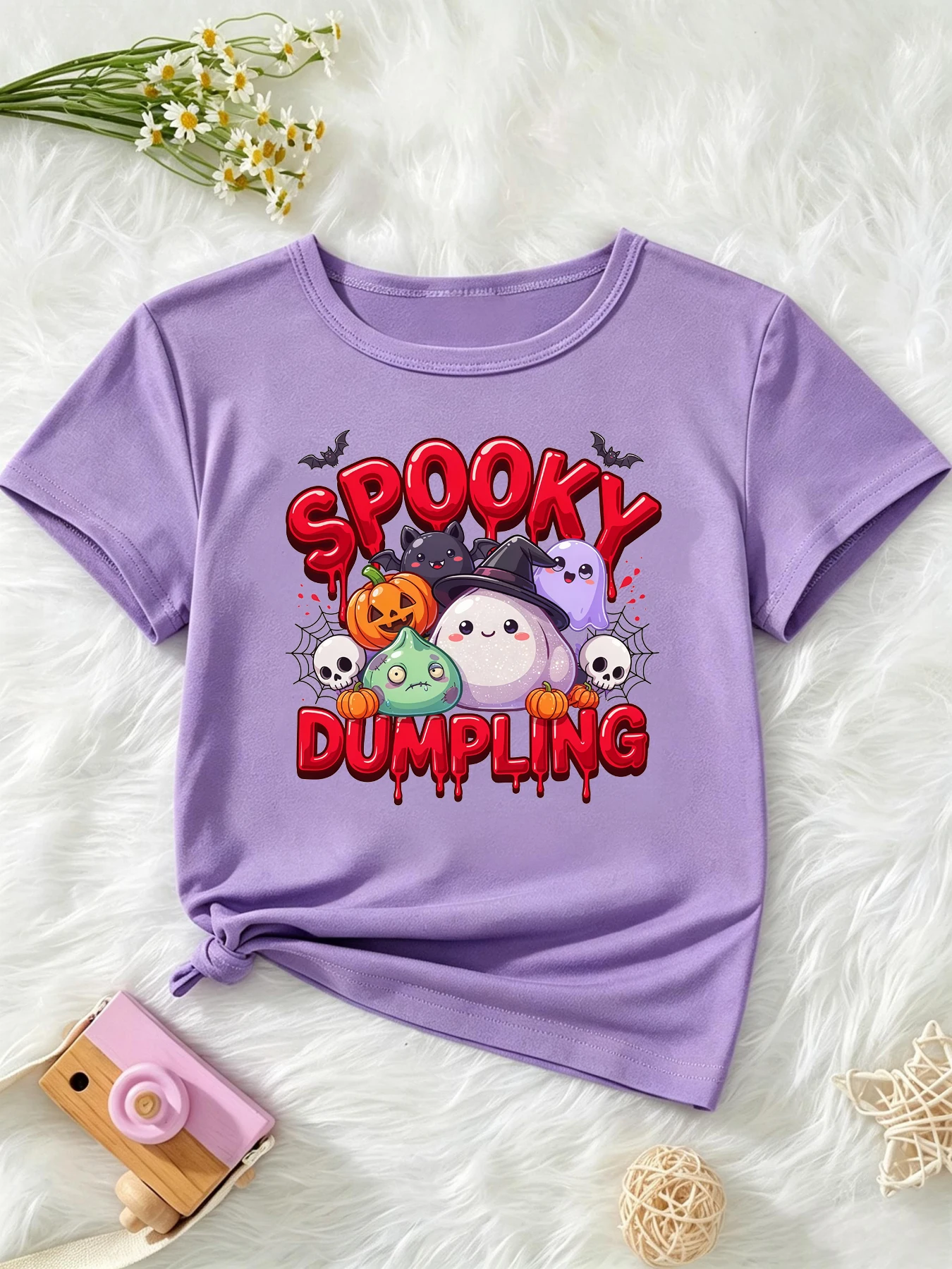 Halloween Spooky Dumpling Pumpkin Printed T Shirt Girls/Boys Kids Clothes Halloween Gift T-Shirt White/Black/Blue/Purple T-Shirt
