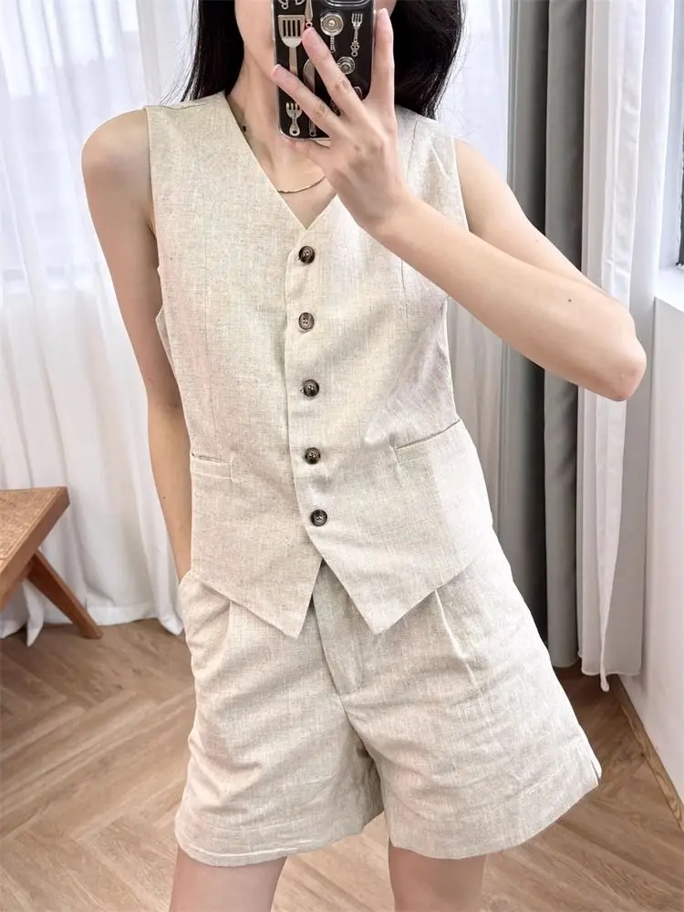 

Весенне-летний льняной простой тонкий костюм с v-образным вырезом, жилет + повседневный комплект с шортами