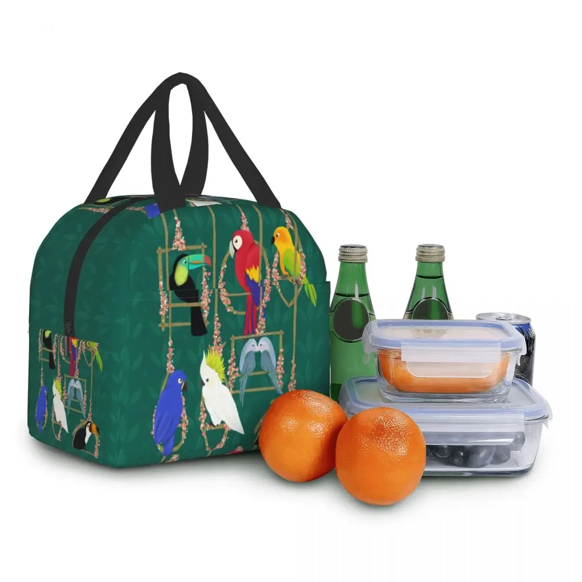 Tropical Getaway Parrot Birds Lunch Bag Portable Cooler Warm Insulated Lunch Box for Women Kids School Tote Picnic Storage Bag