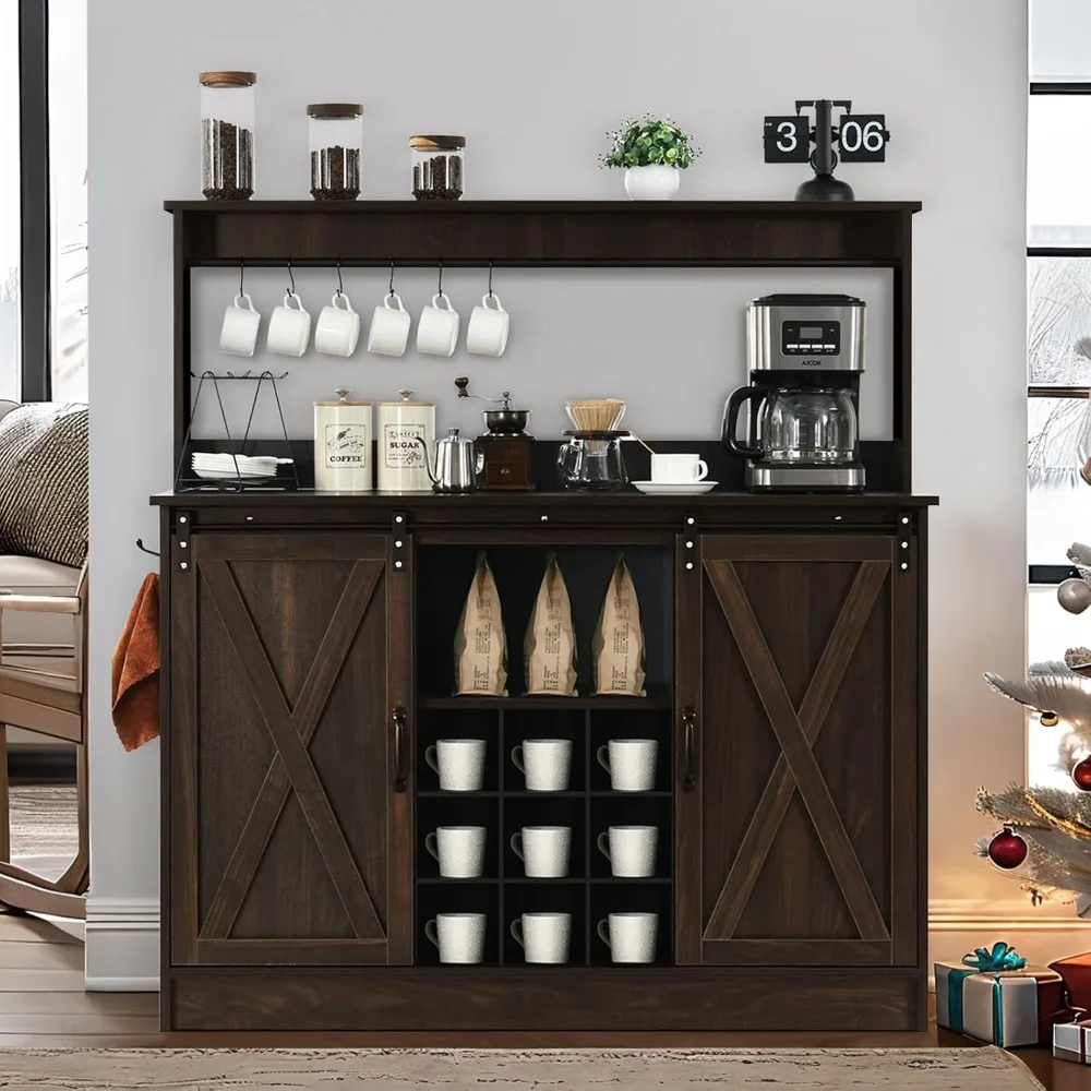 Farmhouse Coffee Bar Cabinet with 6 Hooks, 47 Inch Coffee Bar Hutch with 9 Wine Racks, Coffee Bar Table with Sliding Barn Door,