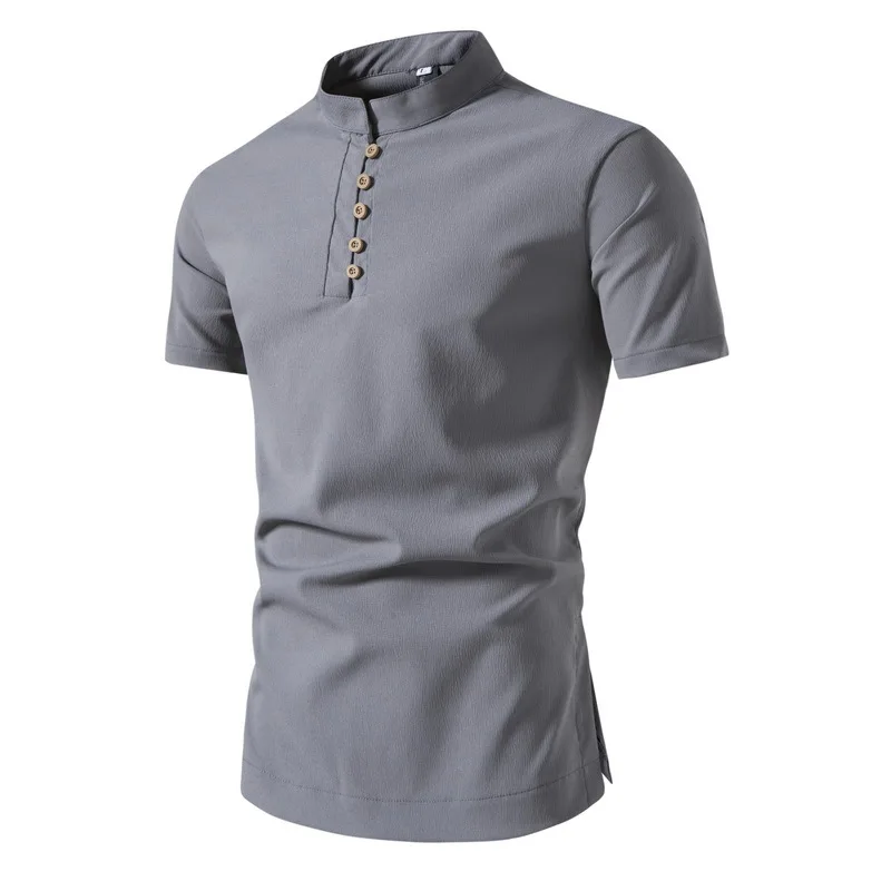 

Summer New Men's Retro Imitation Cotton Linen Short Sleeved Shirt, Men's Chinese Style Solid Color Large Standing Collar Shirt