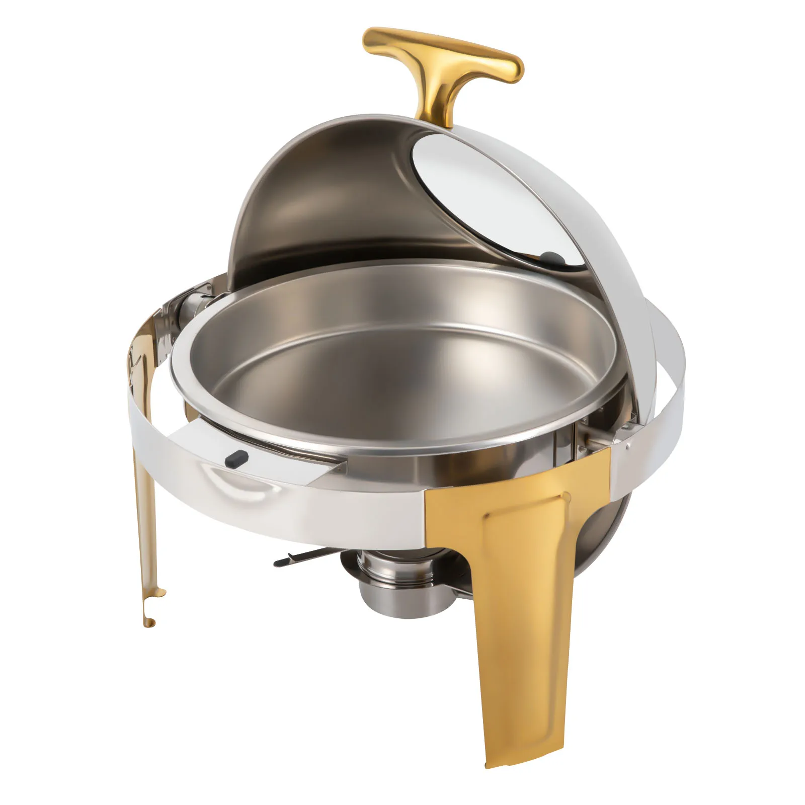 Chafing Dish, 3qt Capacity, Stainless Steel, Roll Top Lid, Gold Accents for Banquets and Catering