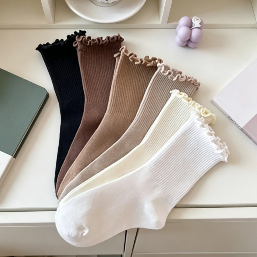 

6 Pairs Stacking Socks for Women Winter Mid Calf Ruffled Socks Casual Pleated Socks