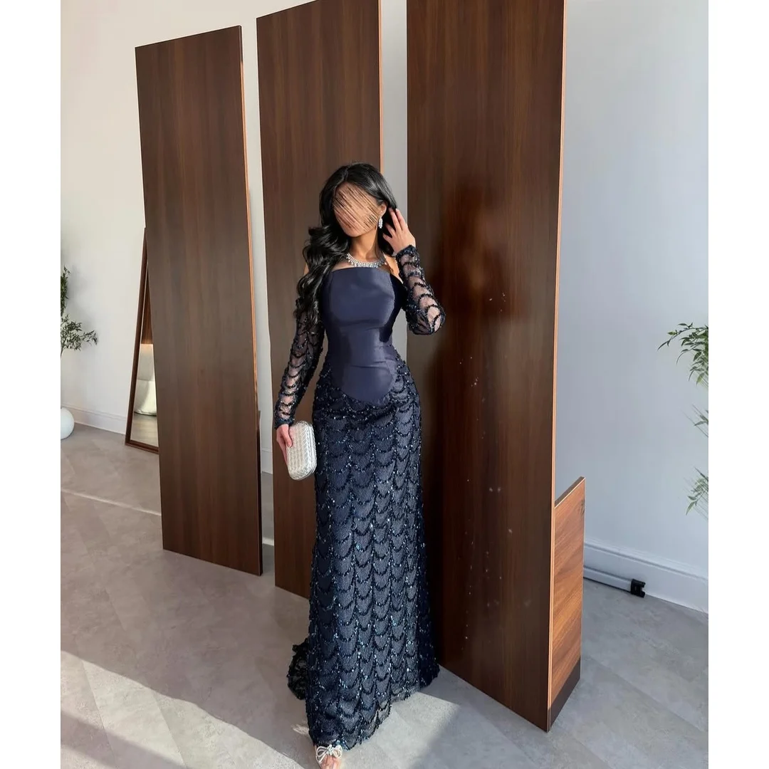 Short Sleeves Dubai Evening Dresses Luxury Women's Elegant Party Dress Mermaid Customized Blue Ball Gowns Embroidered Lace Prom