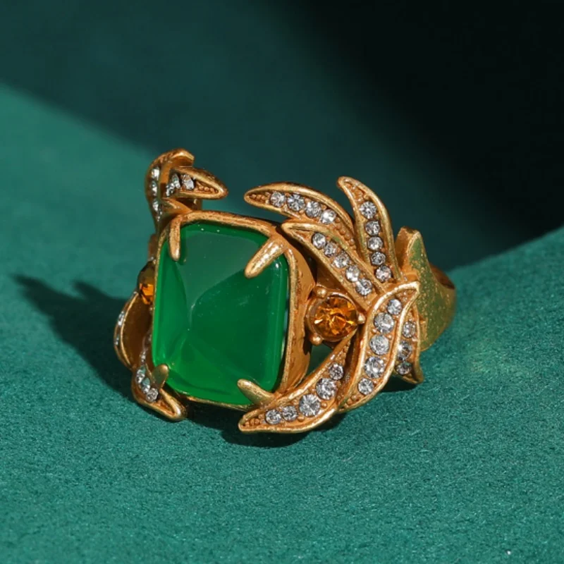 

Vintage Jewelry Square Green Ring Emerald Woman Rhinestone Wings Blue Imitated Glaze Adjustable Mothers Day Gift Accessories