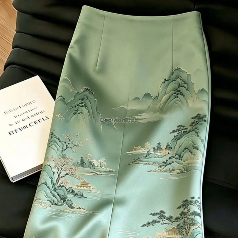 2026 new women's green chinese style printed half length skirt female summer new half length skirt women's chinese retro dress