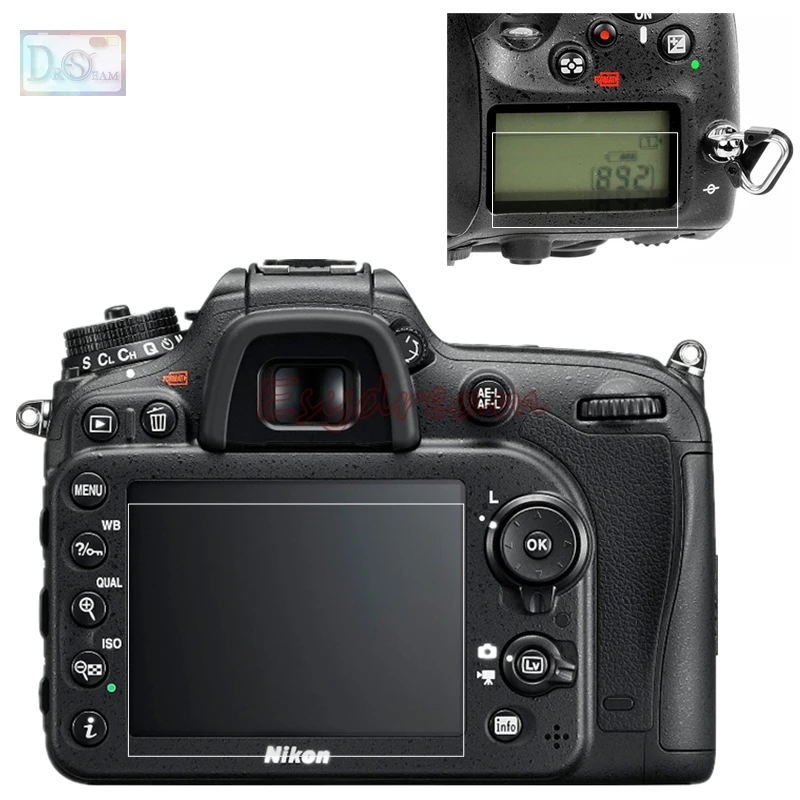 Película de vidrio autoadhesiva LCD principal + cubierta protectora de pantalla de información de hombro superior para cámara Nikon D7100 D7200