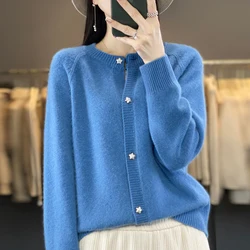 Women's Autumn And Winter Sweater Round Neck Basic Casual Loose Sweater 100% Pure Wool Long Sleeve Cardigan Korean Pop Top-D128