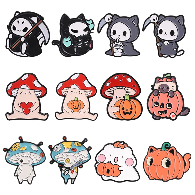 Spooky Halloween Enamel Pins Grim Reaper Cat Mushroom Ghost Pumpkin Horror Patch Voodoo Doll Brooches Lapel Badge Jewelry Gifts