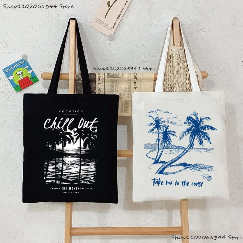 Chill Out Vacation Sunset Palm Tree Tote Bag Women's Vintage Coastal Aesthetic Canvas Shoulder Bag for Summer Gift