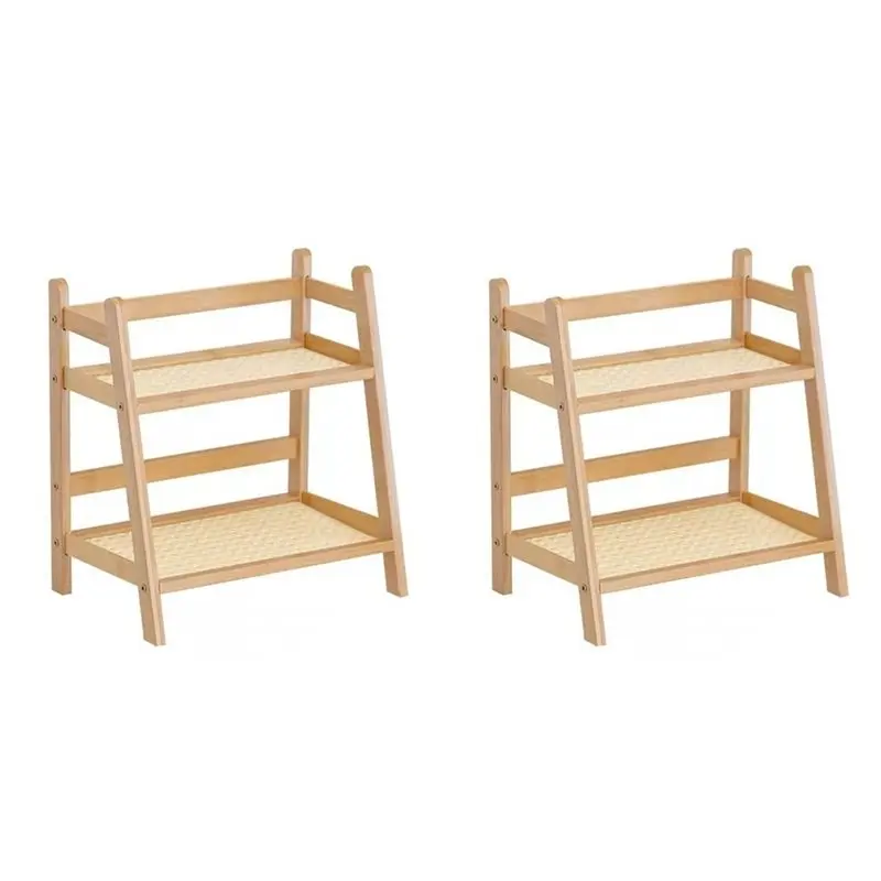 2X Wooden Storage Shelf,2-Tier Desktop Organizer - Multi-Use Display Rack For Office Supplies, Makeup, Stationery