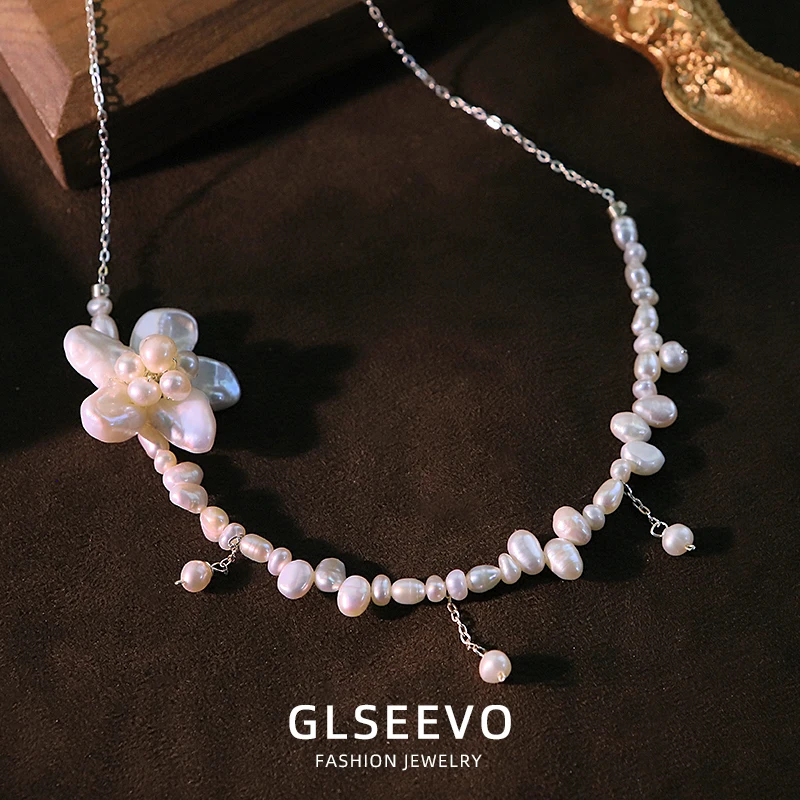 

Natural Pearl Flower Sterling Silver Necklace New Luxury Fashion Elegant Necklace Wedding Gift Jewelry Women GN0789