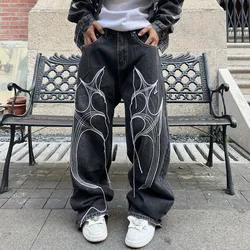 2026 Cyber Y2K Streetwear Wing Embroidery String Stacked Baggy Jeans Pants For Men Designer Clothes New Rock Black Long Trousers